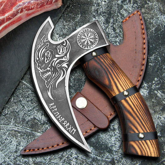 Viking Style Pizza Cutter Handmade Ulu Rocker Knife with Engraved Blade Durable Wooden Handle with Leather Grip Includes Leather Sheath