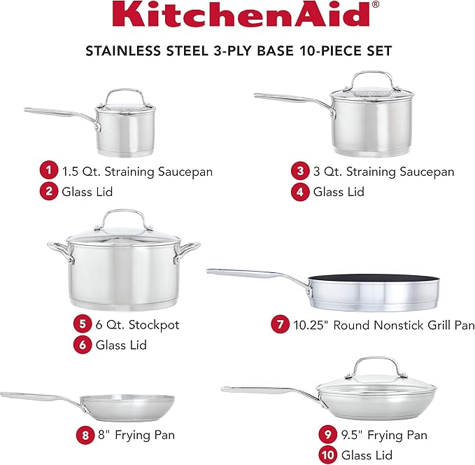 KitchenAid 3-Ply Base Brushed Stainless Steel Cookware Pots and Pans Set, 10 Piece