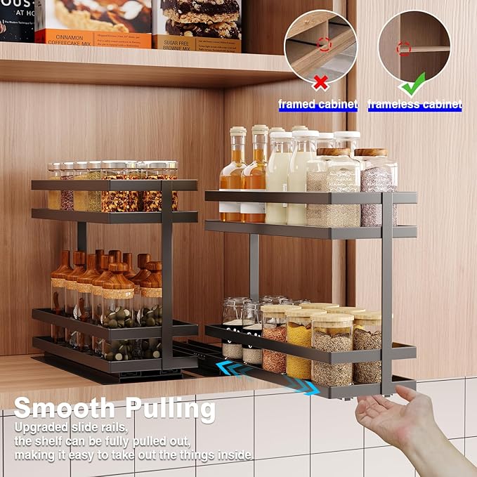 4 Pack Pull Out Spice Rack Organizer for Cabinet, 2 Tier Metal Slide Out Seasoning Organizer and Storage Heavy Duty Vertical Spice Rack Shelf Pullout for Kitchen Cabinets No Drilling (Black)