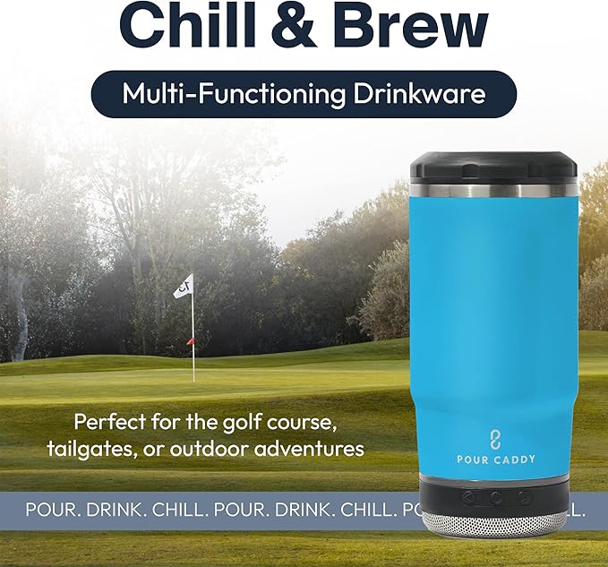 Chill & Brew, Insulated Can & Bottle Holder, Bluetooth Cup with Speaker, Fits 12 oz Cans, Skinny Cans, Most Bottles & Cold Drinks, Water Blue