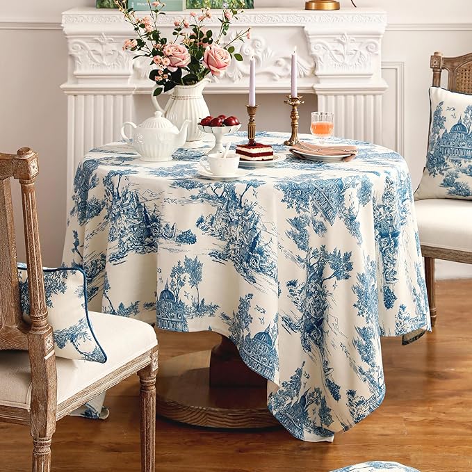 patdrea Designer Small Cyan Tablecloth for Square Tables,Vintage Linen with Ancient Castle and Manor Pattern Tablecloths,Elegant Table Cover Cloth Decor for Kitchen Dining Christmas,55"*55"