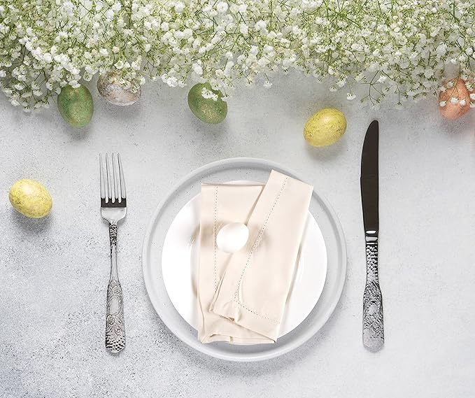 Ramanta Home Set of 12 Polyester Cloth Napkins 20x20 Inches - Hemstitched Washable Dinner Napkins for Weddings, Thanksgiving, Hotel - Soft Durable Table Linen for Parties or Everyday Use - Beige