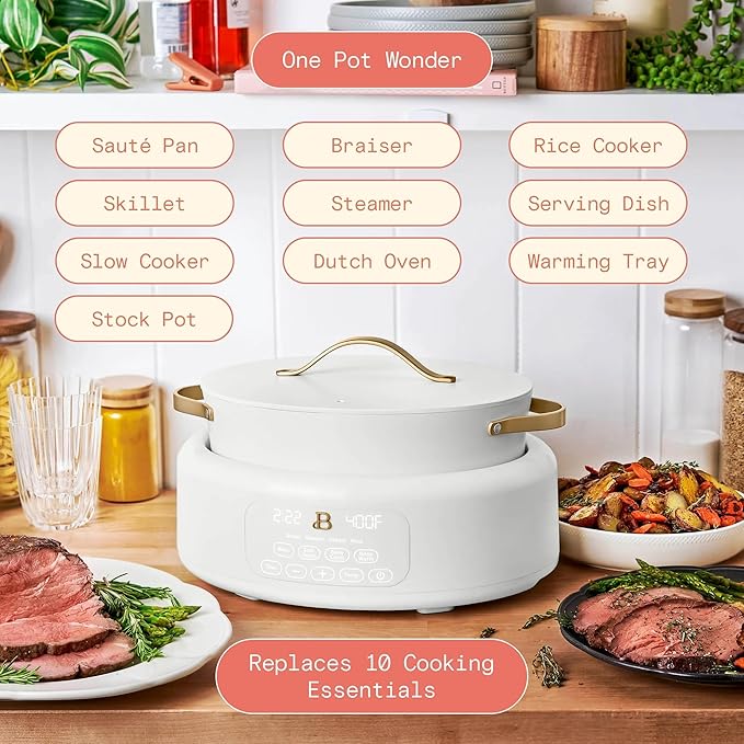 Beautiful 10-in-1, 6-Qt Electric Multi-Cooker | Programmable Touch Display | 7 Presets up to 400 °F | Sear Slow-Cook Steam Rice Warm | Oven-Safe Pot & Lid (White)