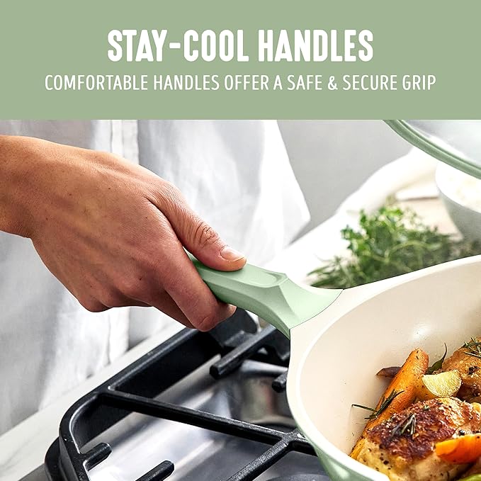 GreenLife 8 Piece Ceramic Nonstick Cookware Set, Induction Suitable Non Toxic PFAS-Free Pots & Pans, Dishwasher Safe, Cooking Set, Stock Pot, Saucepans & Frying Pans, Kitchen Cooking, Sage Green