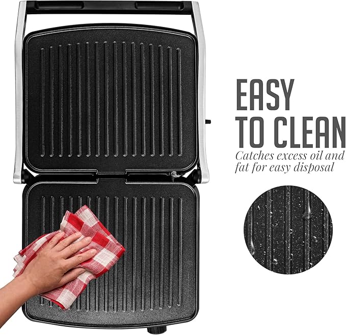 OVENTE Electric Panini Press Sandwich Maker, 1500W Indoor Grill with Non-Stick Coated Plates, Temperature Control & Removable Drip Tray, Opens 180 Degrees to Fit Any Type/Size of Food, Silver GP1861BR