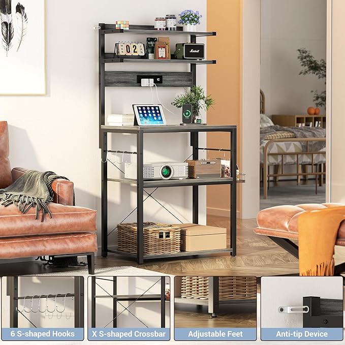 Aheaplus Bakers Rack with Power Outlet, Microwave Stand, 5 Tiers Coffee Bar Station with Led Lights, Kitchen Storage Shelf with 6 S-Shaped Hooks, Kitchen Rack for Spices, Pots and Pans, White Oak