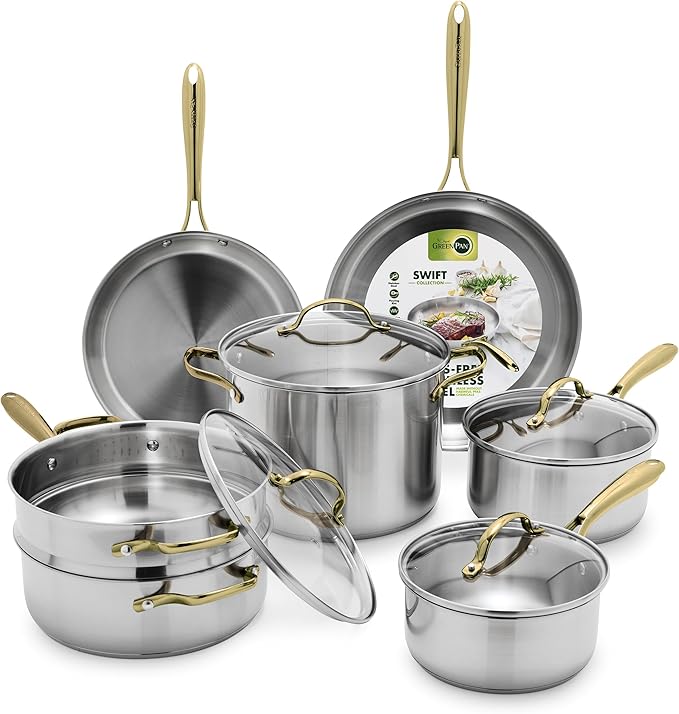 GreenPan11 Piece Stainless Steel Cookware Set, Induction Ready, Measurement Markings, Dishwasher & Oven Safe 600F, Pots & Pans, Sauce, Saute, Frying Pans, Gold