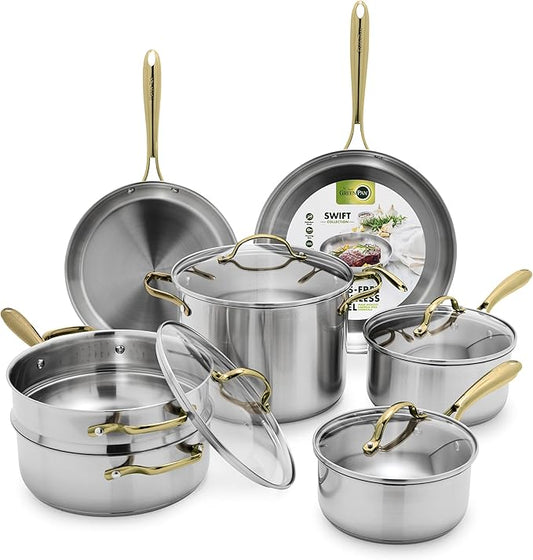 GreenPan11 Piece Stainless Steel Cookware Set, Induction Ready, Measurement Markings, Dishwasher & Oven Safe 600F, Pots & Pans, Sauce, Saute, Frying Pans, Gold