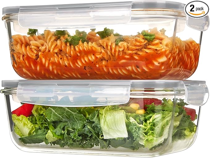 Vtopmart 2Pack 1860ml/ 63oz Large Glass Storage Containers with Lids, Meal Prep Food Container Set with Snap Airtight Lid for Baking, Microwave, Oven, Leak Proof, for Freezer, Dishwasher, Grey