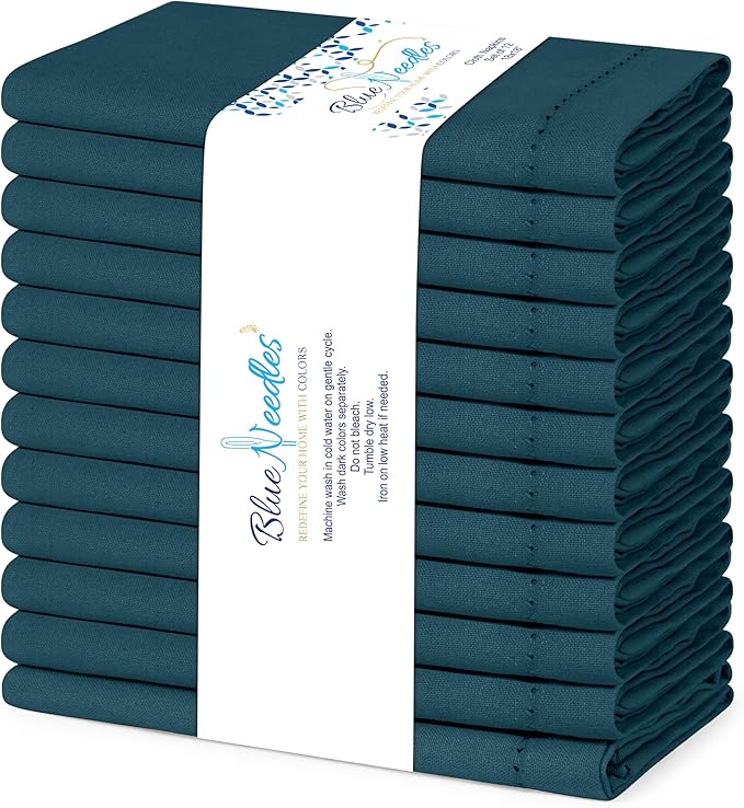 Blue Needles Set of 12 Hemstitch Linen Napkins 100% Cotton Crystal Teal Cloth Dinner Napkins 18x18 inches, Soft Reusable Absorbent Washable, Ideal for Fall Thanksgiving Events, Parties & Everyday Use