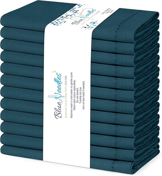 Blue Needles Set of 12 Hemstitch Linen Napkins 100% Cotton Crystal Teal Cloth Dinner Napkins 18x18 inches, Soft Reusable Absorbent Washable, Ideal for Fall Thanksgiving Events, Parties & Everyday Use
