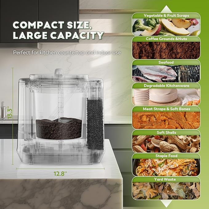 Electric Composter for Kitchen,4.2L Smart Compost Bin with 2 Carbon Filters,Quick Composting Machine Turn Food Waste to Fertilizer,Odorless/Auto-Cleaning/Outdoor&Indoor Countertop Food Waste Compost