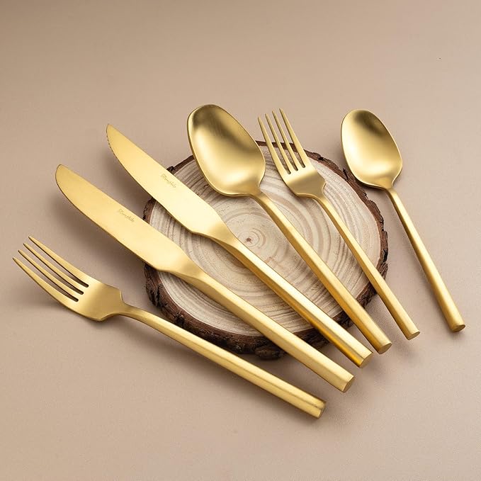 Gold Silverware Set with Steak Knives,Zerophilo Flatware Set with Hexagon Handle 24 Pieces 18/0 Stainless Steel Cutlery Set for 4,Dishwasher Safe