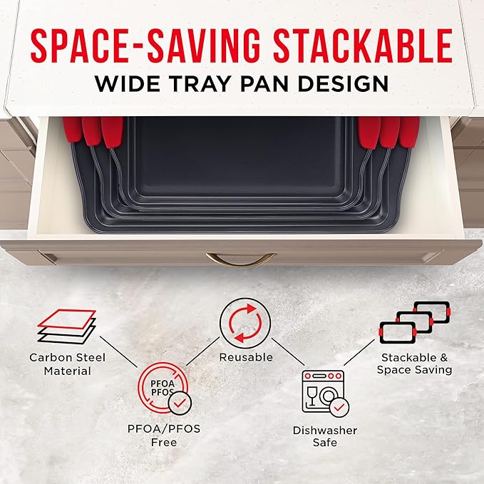 BAKKEN Kitchen Baking Pans - 15.15 x 10.03" Medium Nonstick Sheet, Durable Carbon Steel Cookie Sheet with Red Silicone Handles, PFOA, PFOS, PTFE Free, Oven Safe Tray (Up To 450°F), Set of 1