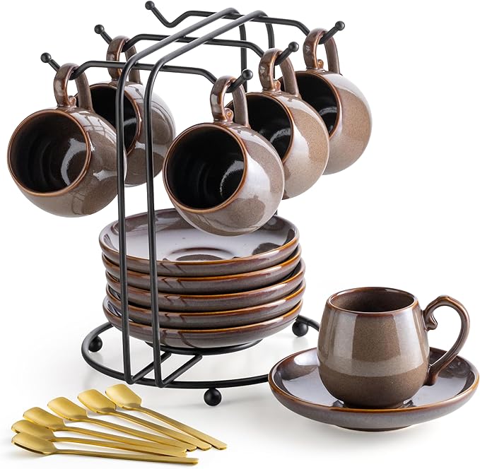 LYEOBOH 3 Ounce Espresso Cups and Saucers Set of 6, Ceramic Small Coffee Cups with Metal Holder and Spoons, Cute Demitasse Cups for Tea, Espresso, Latte, Cafe Mocha, Brown