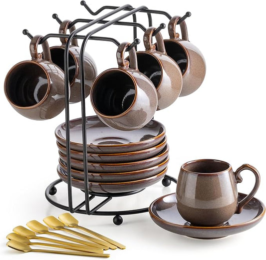 LYEOBOH 3 Ounce Espresso Cups and Saucers Set of 6, Ceramic Small Coffee Cups with Metal Holder and Spoons, Cute Demitasse Cups for Tea, Espresso, Latte, Cafe Mocha, Brown