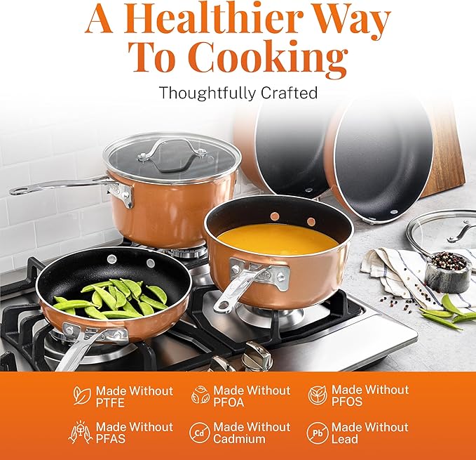 GOTHAM STEEL 10 Pc Copper Pots and Pans Set Non Stick Cookware Sets with Kitchen Utensils, Induction Ready, Non Toxic PFOA PFOS Free, Nesting Design for 50% Space Saving, Oven and Dishwasher Safe