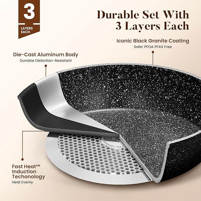 Kitchen Academy 17Pcs Pots and Pans Set Non Stick, Nonstick Kitchen Cookware Sets, Black Granite Induction Cookware, Non-toxic Healthy Nonstick Cooking Pans Set