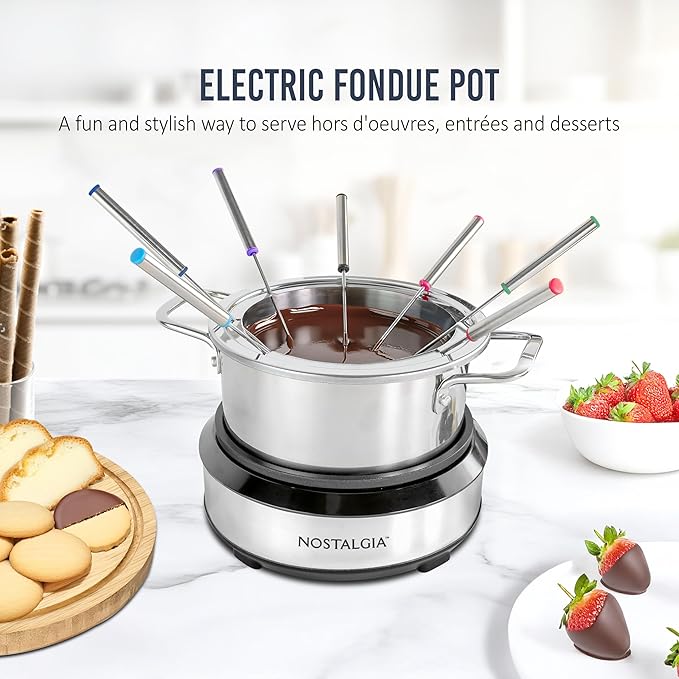 Nostalgia 8-Cup Electric Fondue Pot Set for Cheese & Chocolate - 8 Color-Coded Forks, Temperature Control - Kitchen Gadgets and Appliances for Hors d'Oeuvres and More - Stainless Steel