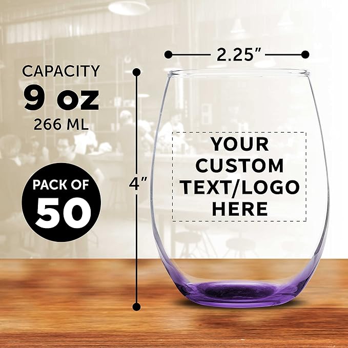Custom Stemless Wine Glass 9 oz. Set of 50, Personalized Bulk Pack - Great for Wedding Favors, Bachelorette Party Decorations, Party Favors, Color Bottom - Purple