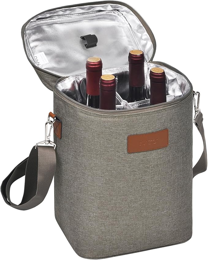 Tirrinia 4 Bottle Wine Gift Carrier - Leakproof & Insulated Padded Portable Wine Carrying Cooler Tote Bag for Travel, BYOB Restaurants, Wine Tasting, Parties, Gift for Wine Lovers, Grey