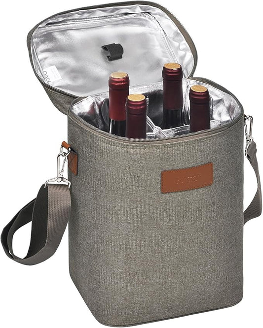 Tirrinia 4 Bottle Wine Gift Carrier - Leakproof & Insulated Padded Portable Wine Carrying Cooler Tote Bag for Travel, BYOB Restaurants, Wine Tasting, Parties, Gift for Wine Lovers, Grey