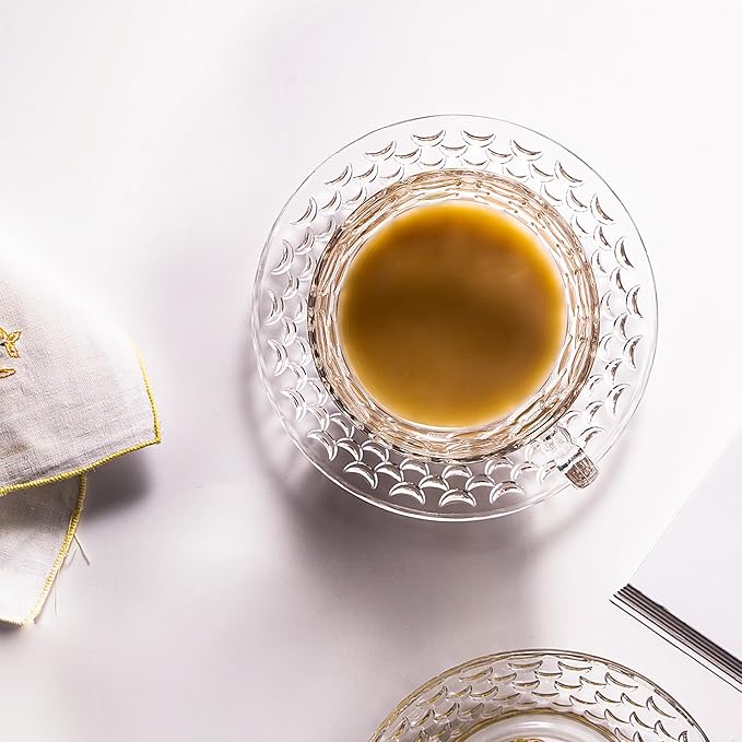 Glass Tea Cups and Saucers Set of 6 - Fish Scale Coffee Mugs - Teacups Set for Espresso Cappuccino Latte Tea - Dishwasher Microwave Safe (7OZ / 210ML)