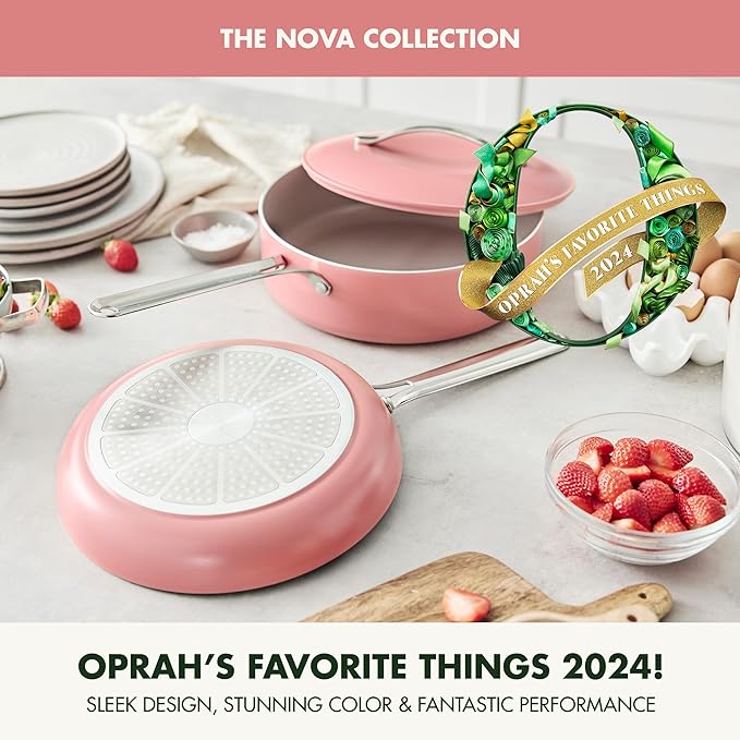 GreenPan Nova 10” Frying Pan Skillet and 4.37QT Sauté Pan with Lid, Oprah’s Favorite Things 2024, PFAS-Free Ceramic Nonstick, Induction Suitable, Sear, Fry, Broil, Dishwasher & Oven Safe, Coral