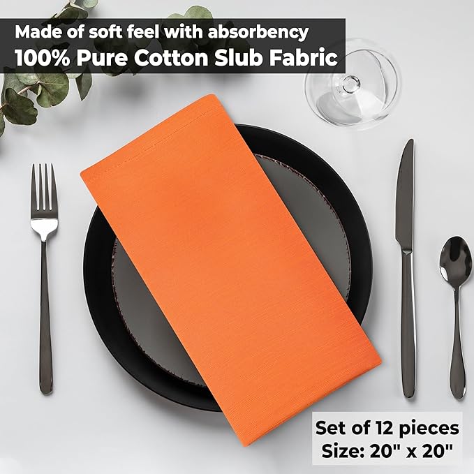 Urban Villa Halloween Cloth Napkins Orange Color Dinner Napkins 20''x20'' (Set of 12) 100% Cotton Slub Absorbent Napkins Soft Durable Reusable Washable Ideal for Events Parties Everyday use