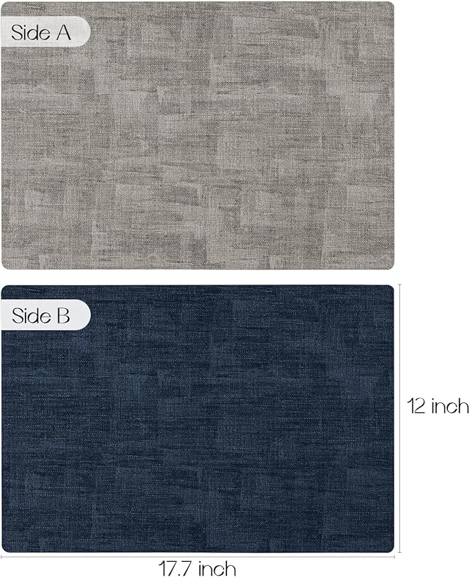 Romanstile Reversible Vinyl Placemats Set of 8, Faux Leather 100% Waterproof Oil-proof Wipeable Place Mats, Heat Resistant Dual Sided Table Mats for Kitchen/Dining/Party (Grey Nave Blue, 12 x 17 Inch)