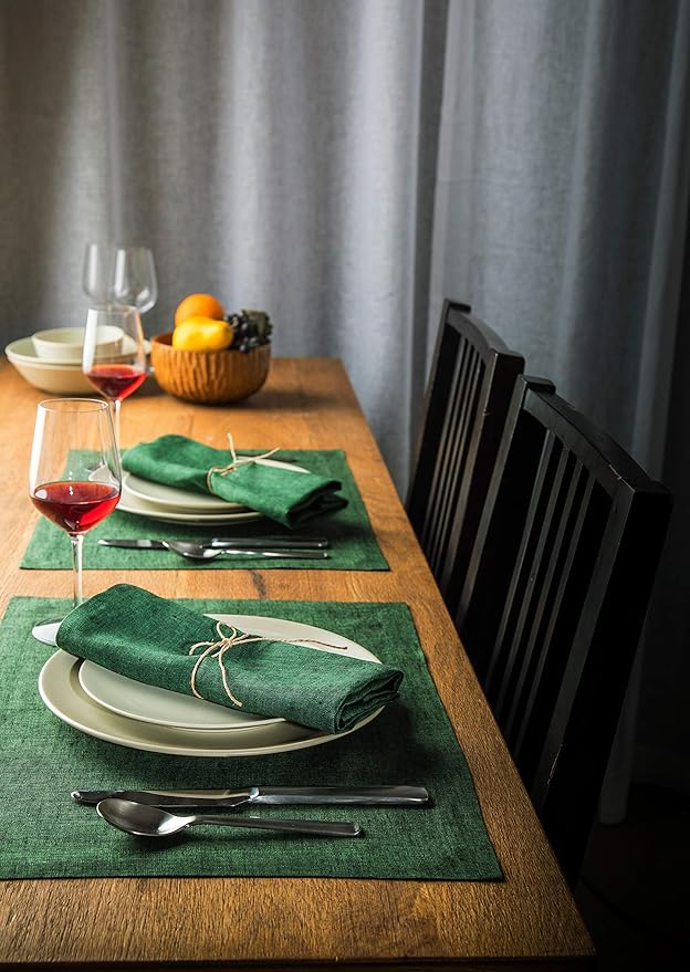 Solino Home Linen Placemats Set of 4 - Forest Green Placemats 14 x 19 Inch - 100% Pure Linen Table Mats for Fall, Autumn, Thanksgiving, Christmas, Winter - Athena