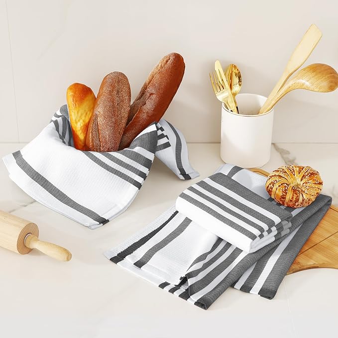 Homaxy Premium Kitchen Towels 18”x 28”, Large Cotton 380 GSM Kitchen Hand Towels, Stripe and Terry Dish Towel, Highly Absorbent Tea Towel Set with Hanging Loop, 6 Pack, Black