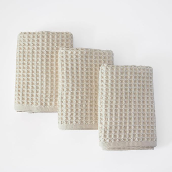PÜSKÜL Waffle Kitchen Towels - Premium 100% Turkish Organic Cotton Ultra Soft Quick Dry Absorbent Lint Free Hand Dish Towel 32X16 Inches (3, Natural Beige)