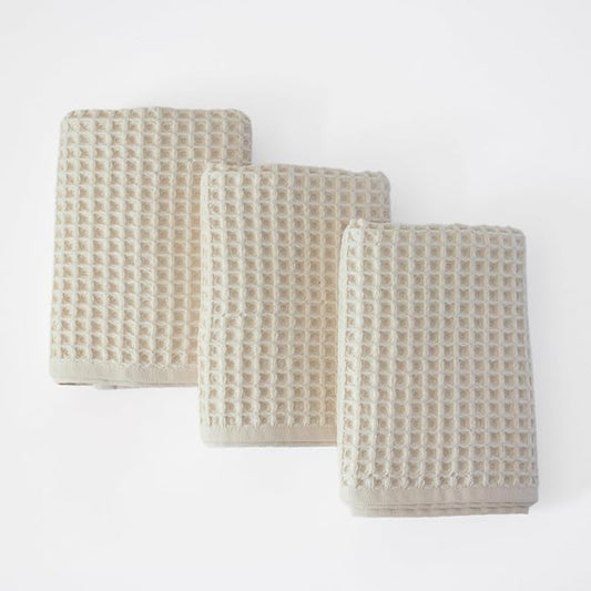 PÜSKÜL Waffle Kitchen Towels - Premium 100% Turkish Organic Cotton Ultra Soft Quick Dry Absorbent Lint Free Hand Dish Towel 32X16 Inches (3, Natural Beige)