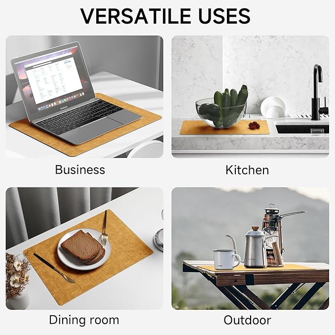 Faux Leather Vinyl Placemats Set of 6 Wipeable Heat Resistant Place Mats 100% Washable - Waterproof - Anti Slip Reversible Table Mats for Kitchen/Dining/Party/Outdoor, 12" x 16.5", Yellow