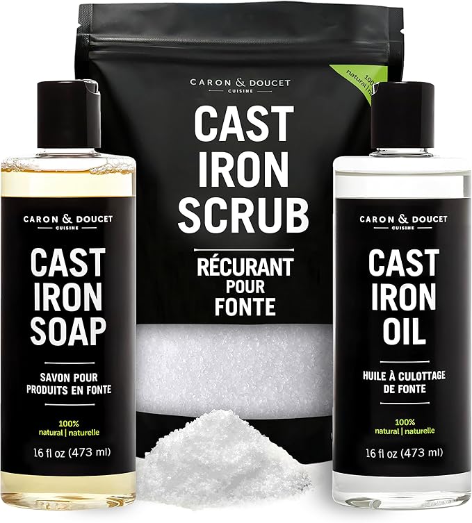 CARON & DOUCET – Ultimate Cast Iron Set PLUS: Seasoning Oil, Cleaning Soap & Restoring Scrub | 100% Plant-Based & Best for Cleaning Care, Washing, Restoring & Seasoning Skillets, Pans & Grills!