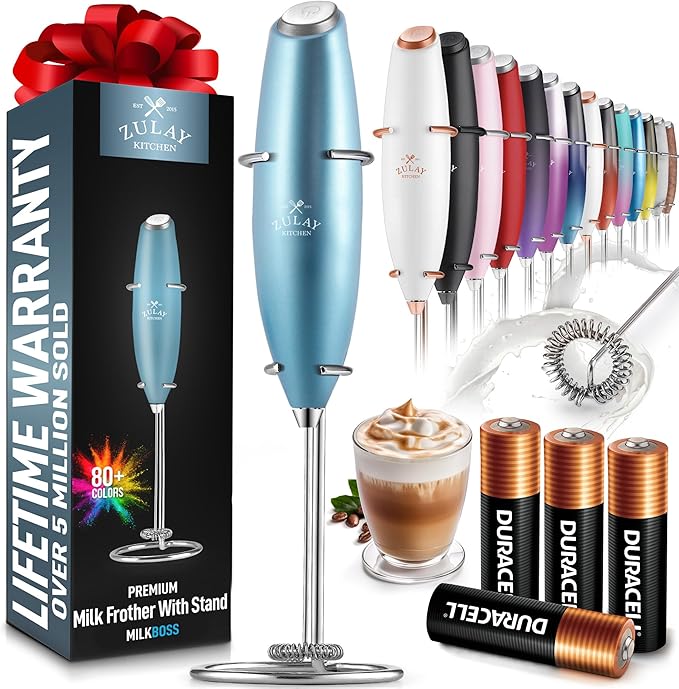Zulay Kitchen Powerful Milk Frother Wand With 4 AA Duracell Batteries - Ultra Fast Handheld Drink Mixer - Electric Whisk Foam Maker for Coffee, Lattes, Cappuccino, Matcha & Creamer