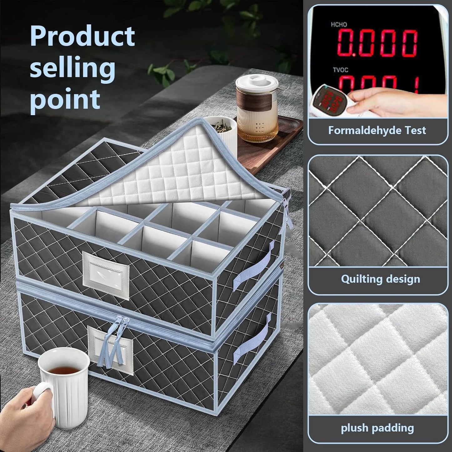 VERONLY Mug and Cup Storage Box with Dividers - 2 Pack China Storage Bin Containers Holds 24 Glassware, Stackable Coffee Mug Organizer Bin and Tea Cup with 2 Metal Zipper,Label and Handles (Grey)