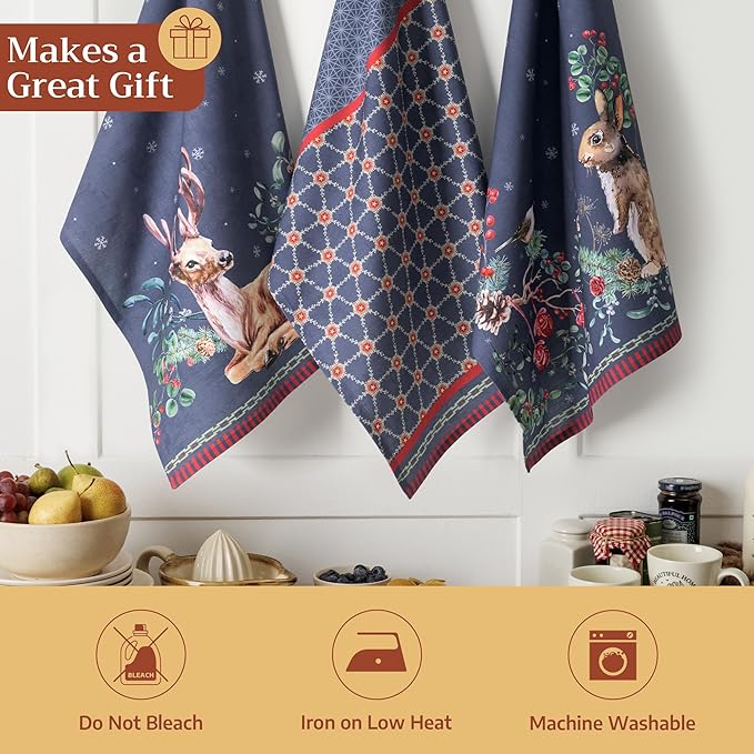 Maison d' Hermine Kitchen Towels Set of 3 100% Cotton 20" x 27.5" Reusable Cloth Tea Dish Towels Absorbent with Hanging Loop for Kitchen Dining Thanksgiving Christmas Decorations (Christmas Joy)