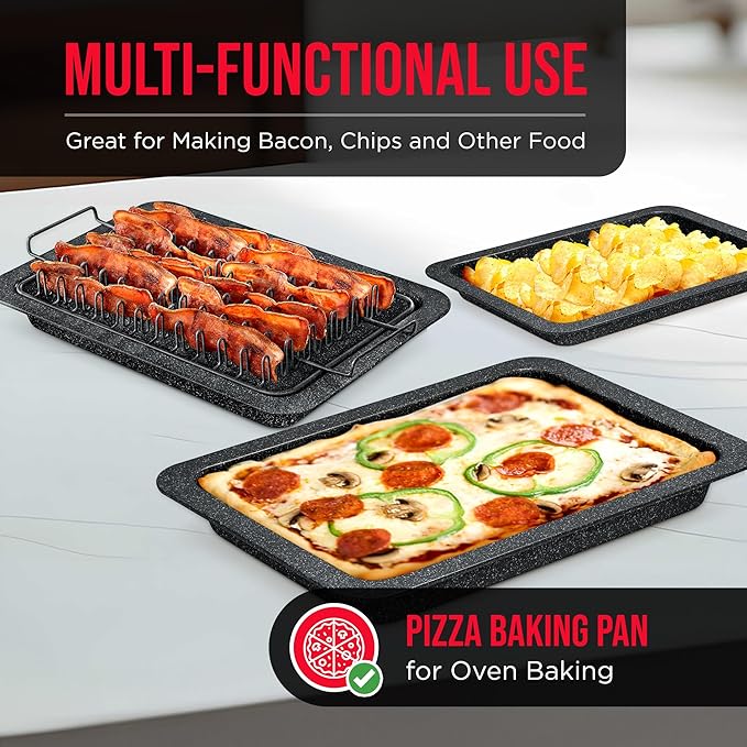 Bakken- Swiss Bacon Tray - 2-Piece Set – Marble Coating - Durable, Non-Stick Cooking Tray for Bacon – Black Stone Tray and Carbon Steel Rack