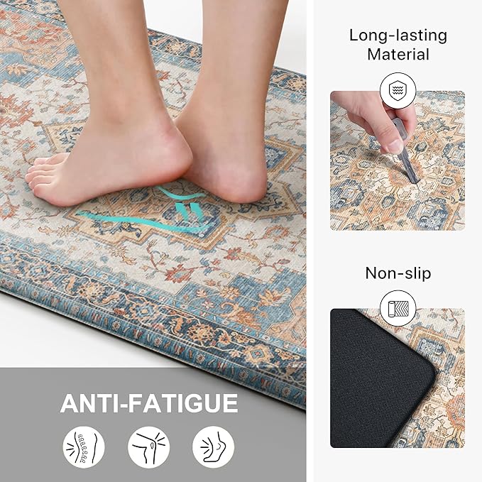 GENIMO Kitchen Mats for Floor, Washable Anti Fatigue Mat for Cushioned, 17.3"x59", Waterproof Kitchen Rugs, Non Slip Foam Comfort Standing Mat Rug for Home, Runner, Sink, Laundry, Blue&Salmon