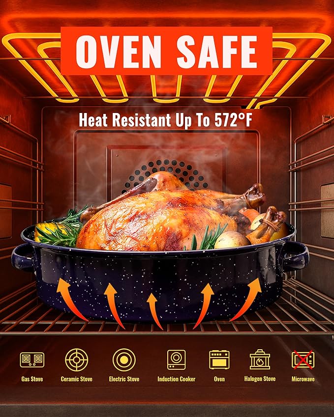 Roasting Pan with Lid and Rack 18" Dark Blue and White Speckled Design Large Oval Enamel Roast pan,Perfect for Thanksgiving Christmas Parties and Dinner Gatherings with Mesh Frame Gift Packaging