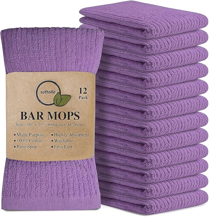 Softolle Bar Mop Towels, Pack of 12-16x19 Inches - 100% Cotton Super Absorbent Towels, Multi-Purpose for Home and Bar Cleaning (Purple)