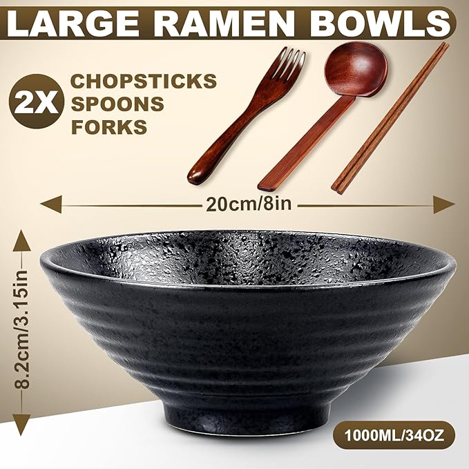 8-Inch Large Ceramic Ramen Bowl Set of 2 (9 Piece) - Microwave & Dishwasher Safe Porcelain Japanese Salad Noodles Cereal Fruit Pasta Soup Bowls with Recipes Chopsticks Forks Spoons for Men Women Gift