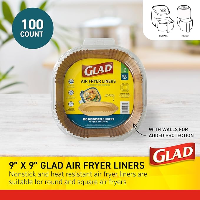 Glad Air Fryer Liners Rounded Square Shape with Walls, Nonstick and Heat Resistant, Food Grade Material, Suitable for Square and Round Air Fryers, Air Fryer Accessories, 9" - 100 Count