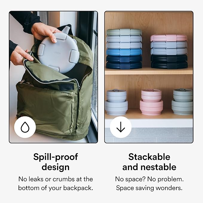 STOJO Collapsible Bowl 5 Set - Steel, 36oz - Reusable Silicone Bowl for Hot and Cold Food - Perfect for Travel, Meal Prep, To-Go Lunch, Camping & Hiking - Microwave & Dishwasher Safe