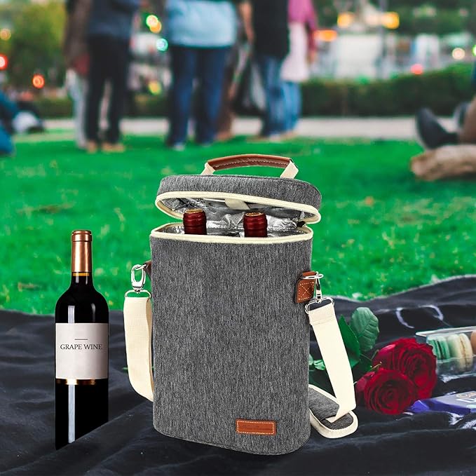 ZORMY 2 Bottle Insulated Wine Tote Bag, Wine Carrier Travel Padded Cooler Bag with Shoulder Strap & Corkscrew Opener, Perfect Wine Lover's Gift, Great for Picnics Grey