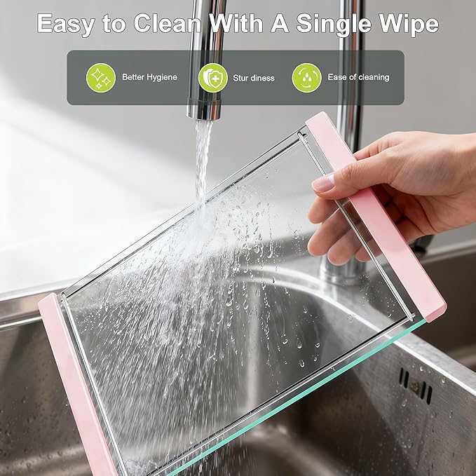 Tempered Glass Cutting Board Set for Kitchen Counter - Dishwasher Safe with Juice Grooves, Non-Slip Silicone Edges & Beveled Grip - 16"x12" & 12"x8" Serving Tray (Pink)