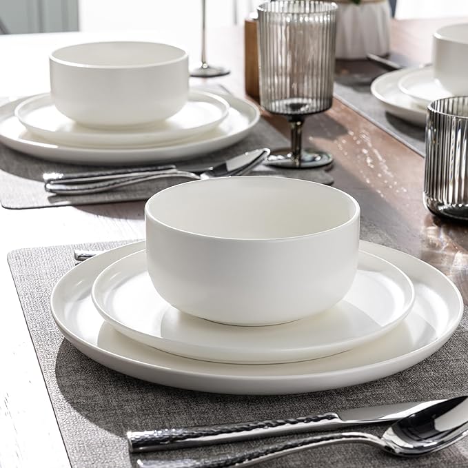 LERATIO Stoneware Dinnerware Sets for 4,Handcarft Ceramic Plates and Bowls Sets,Chip and Scratch Resistant Dishes, Dishwasher & Microwave Safe, Oven safe,Reactive Glaze-White