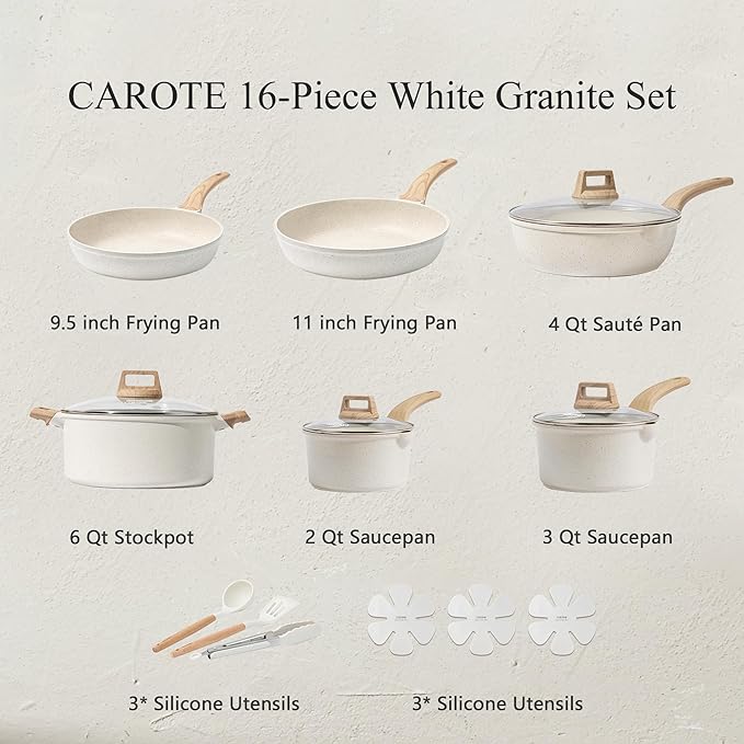 CAROTE 16 Piece Pots and Pans Set Nonstick, White Granite Cookware Sets Induction Cookware, Non Stick Cooking Set w/Frying Pans & Saucepans (PFOS, PFOA Free)